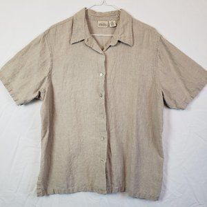 St Johns Bay Womens 100% Linen Button Down Short Sleeve Beige Shirt Top size 18